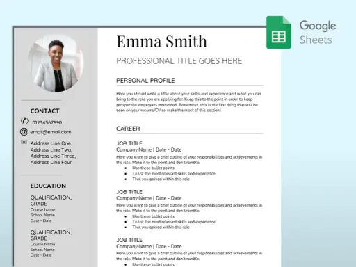 CV Emmy Smith w Google Docs, z sekcjami: dane kontaktowe, profil, kariera, edukacja.