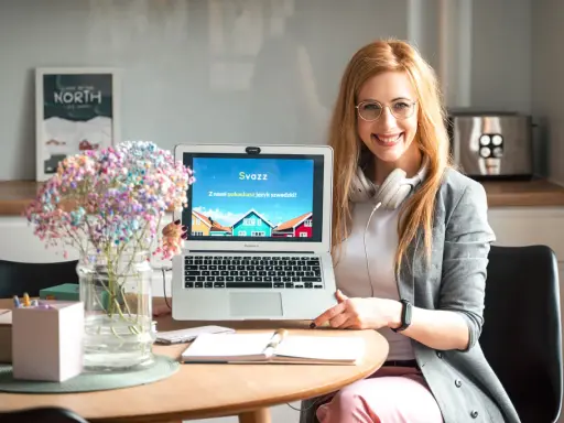 Uśmiechnięta kobieta prezentuje laptop z napisem "Z nami pokochasz język szwedzki!". Idealna dla studentów filologii szwedzkiej w Warszawie.