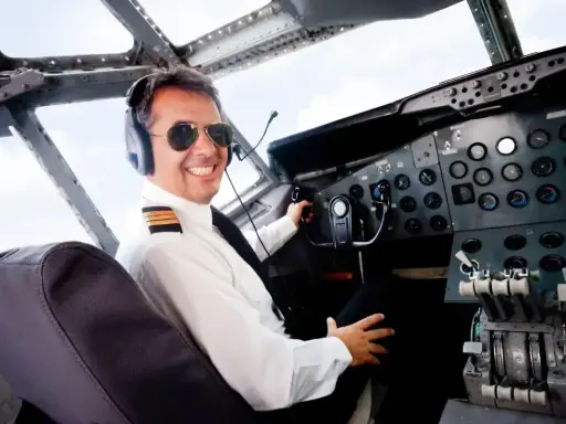 Uśmiechnięty pilot w okularach przeciwsłonecznych i słuchawkach siedzi w kokpicie. Zastanawiasz się, ile zarabia pilot samolotu?