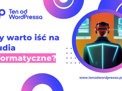 Mężczyzna w goglach VR przed ekranami, pytanie "Czy warto iść na studia informatyczne?".