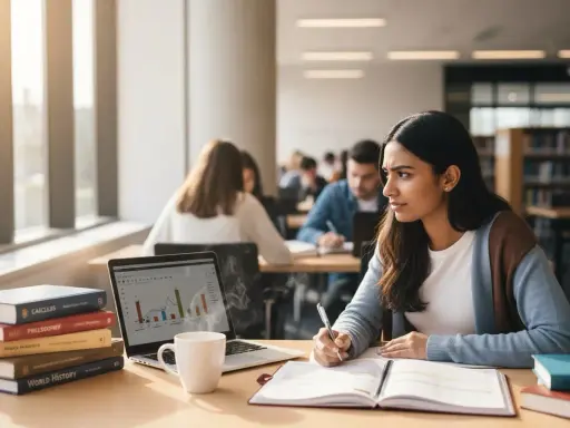 Studentka pochłonięta nauką, być może planuje drugi kierunek studiów. Na biurku laptop, książki i gorąca kawa.