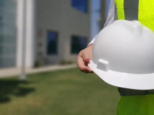 Osoba w kamizelce odblaskowej trzyma biały kask. Dobre technik bhp zarobki to klucz do bezpiecznej pracy.