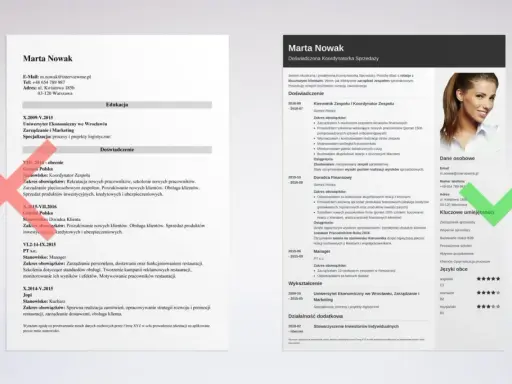 CV Marty Nowak z zaznaczonymi kluczowymi umiejętnościami i doświadczeniem, sugerujące, że CV się podpisuje.