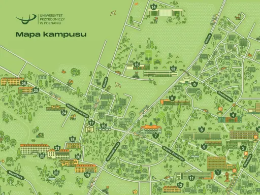 Mapa kampusu Uniwersytetu Przyrodniczego w Poznaniu z zaznaczonymi budynkami i ulicami.