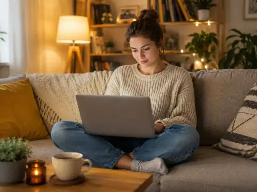 Młoda kobieta siedzi na kanapie z laptopem, korzystając z biblioteki online dla studentów.