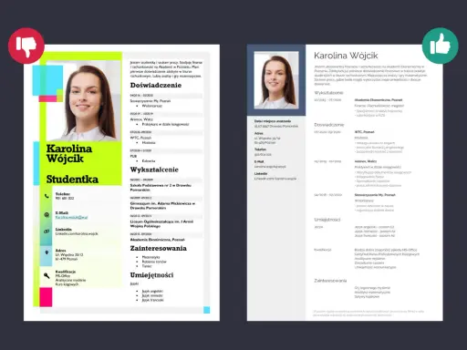 CV studentki Karoliny Wójcik: absolwentka finansów, szuka pracy, pasjonatka analiz i gier matematycznych.