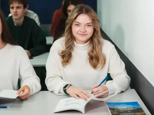 Uśmiechnięta studentka pisze notatki, zastanawiając się, ile wynosi stypendium na studiach. W tle inni studenci.