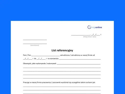Formularz "List referencyjny" do wypełnienia przez pracodawcę. Zawiera pola na dane pracownika, okres zatrudnienia, obowiązki i cechy wyróżniające.