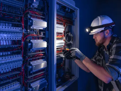 Mężczyzna w kasku z latarką pracuje przy panelu elektrycznym. To obraz z dziedziny elektrotechnika studia, gdzie przyszli inżynierowie zdobywają praktyczne umiejętności.