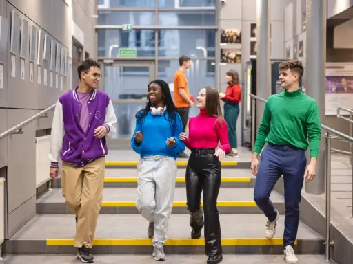 Studenci na schodach w nowoczesnym budynku Uniwersytetu Dolnośląskiego.