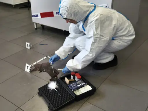Ekspert w białym kombinezonie pobiera próbki z plamy krwi. To praca dla specjalistów od chemii kryminalistycznej.