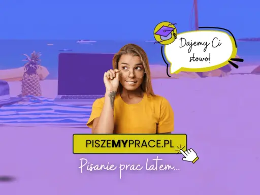 Kobieta z okularami na plaży, obok laptop, ananas i kapelusz. Napis "PiszemyPrace.pl" i "Pisanie prac latem...".