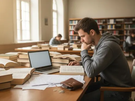 Student pochłonięty nauką w bibliotece, otoczony książkami i notatkami. Intensywna praca nad materiałem, by uzyskać warunkowe zaliczenie przedmiotu.