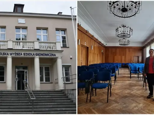 Budynek Małopolskiej Wyższej Szkoły Ekonomicznej (MWSE) i sala wykładowa z krzesłami.