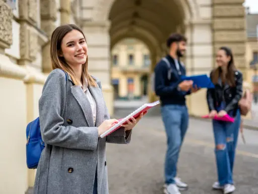 Uśmiechnięta studentka z notatnikiem w ręku, przygotowująca się do studiów 2 stopnia. W tle para studentów.