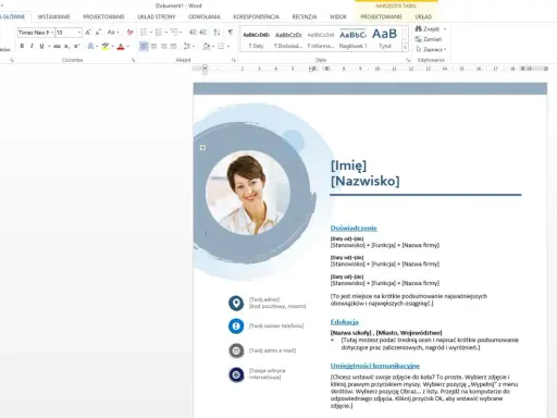 Szablon CV w Wordzie z miejscem na zdjęcie, dane kontaktowe, doświadczenie, edukację i umiejętności.