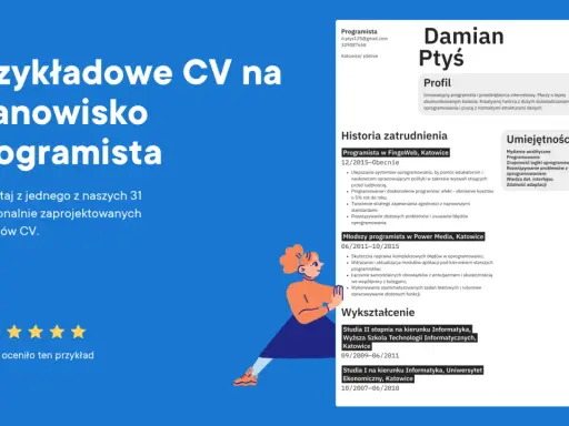 Przykładowe CV na stanowisko Programista. Damian Ptyś, innowacyjny programista, prezentuje swoje doświadczenie i umiejętności.