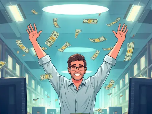 Szczęśliwy software engineer z rękami w górze, otoczony spadającymi banknotami. Sukces w branży IT!