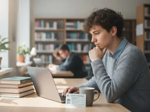 Młody student z legitymacją studencką, korzystający z laptopa w bibliotece. Nawet po 26 roku życia można skorzystać ze zniżek dla studentów.