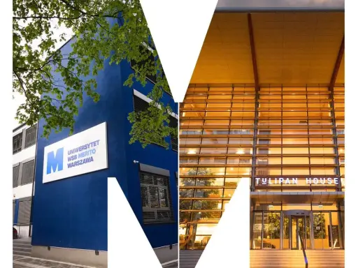 Budynek Uniwersytetu WSB Merito Warszawa, gdzie można studiować wsb finanse i rachunkowość. Obok nowoczesny Tulipan House.