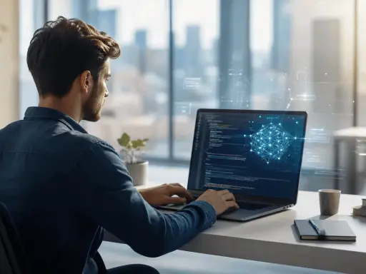 Mężczyzna pracuje przy laptopie, na ekranie kod i wizualizacja sieci neuronowej. To inspiracja, jak zostać programistą i tworzyć przyszłość.
