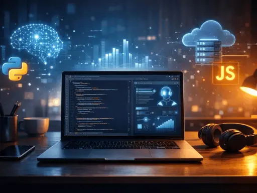 Laptop z kodem, ikony Pythona i JS, mózg AI, chmura danych. To inspiracja, jak zostać programistą od zera.