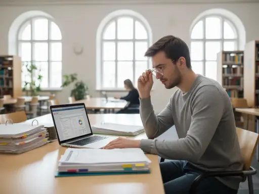 Młody mężczyzna w okularach analizuje dane na laptopie w bibliotece. Może to być jego sposób na poradzenie sobie ze zmianą uczelni z niezaliczonym przedmiotem.