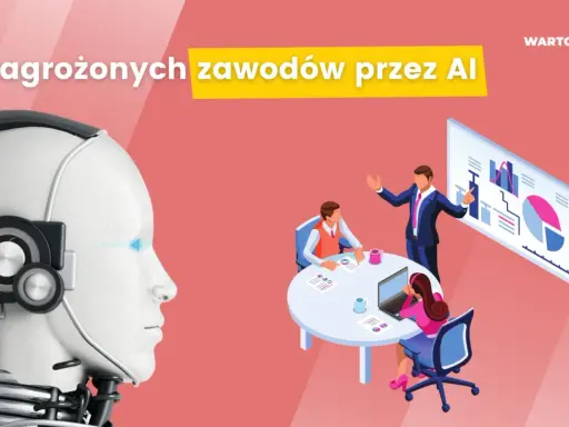Głowa robota obok ludzi przy stole, symbolizująca 20 zawodów, które znikną przez AI.