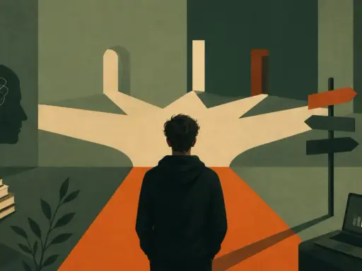 Młody człowiek stoi na rozdrożu, symbolizującym wybory ścieżek życiowych. Obok symbol psychologii i książki, sugerujące psychologia studia.