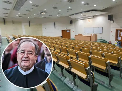 Profesor w auli, gotowy do rozpoczęcia wykładu. Idealne miejsce na studia w Toruniu.