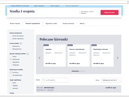 Szukasz studiów? Sprawdź kierunki, specjalności i ceny. Punkty kredytowe WSB pomogą Ci wybrać najlepszą ścieżkę.