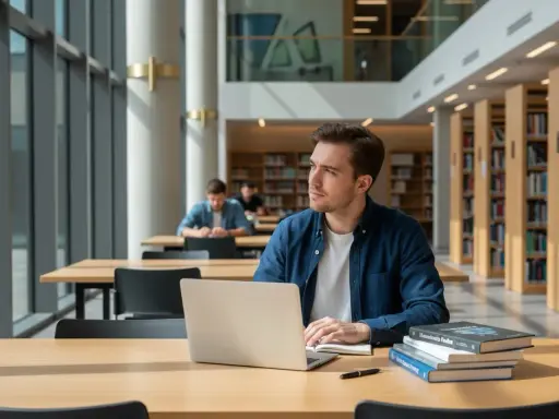 Młody mężczyzna zamyślony nad książkami i laptopem w bibliotece. Myśli o przeniesieniu się na inną uczelnię.