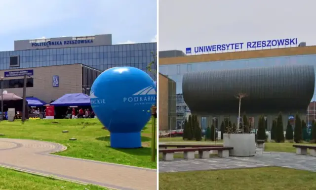 Uczelnie Rzeszów: Politechnika Rzeszowska i Uniwersytet Rzeszowski. Na pierwszym planie niebieski balon.