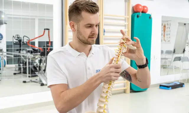 Fizjoterapeuta z wyższej szkoły rehabilitacji w Warszawie pokazuje model kręgosłupa.