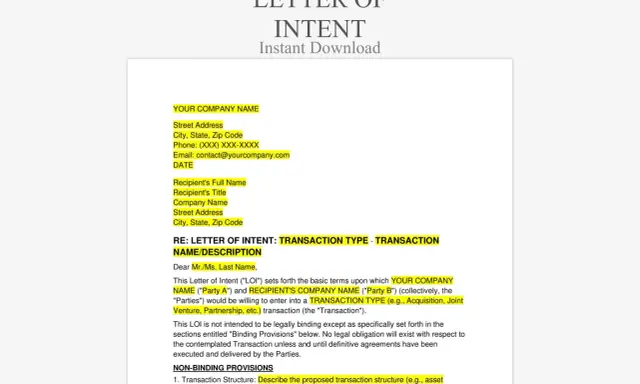 List intencyjny wzór dokumentu, który określa warunki transakcji, np. przejęcia, joint venture.