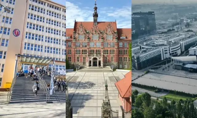 Trzy budynki uczelni w Gdańsku: Collegium Medicum, Politechnika Gdańska i nowoczesne centrum badawcze.