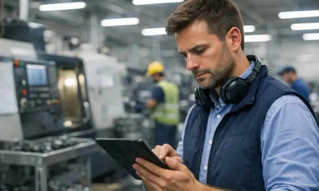 Mężczyzna w słuchawkach na szyi sprawdza tablet na hali produkcyjnej. Zastanawia się, ile zarabia planista produkcji.