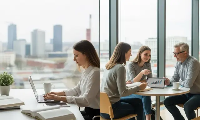 Kobieta pracuje na laptopie, a obok dwie studentki i wykładowca omawiają wykresy. Idealne do studiów online Śląsk.