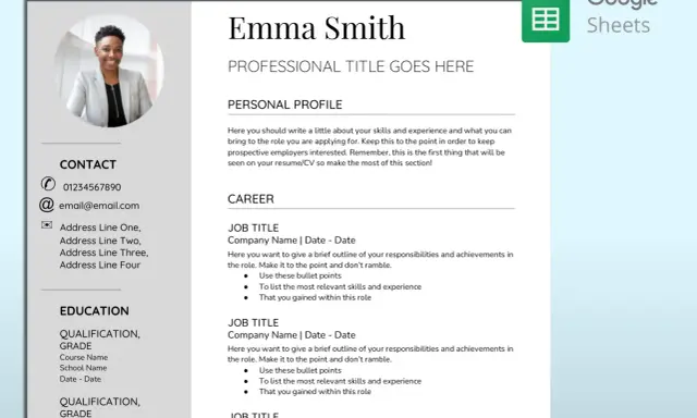 CV Emmy Smith w Google Docs, z sekcjami: dane kontaktowe, profil, kariera, edukacja.