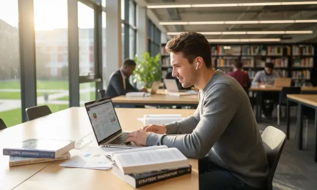 Młody mężczyzna pracuje na laptopie w bibliotece, otoczony książkami. Jego indywidualny tok studiów wymaga skupienia i samodzielności.