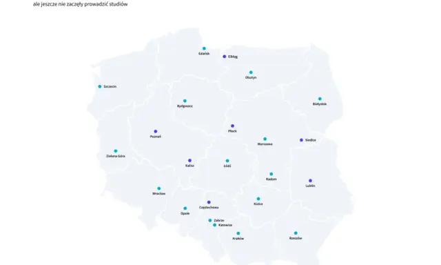 Mapa Polski z zaznaczonymi miastami, gdzie uczelnie medyczne w Polsce prowadzą studia lub otrzymały pozwolenie.