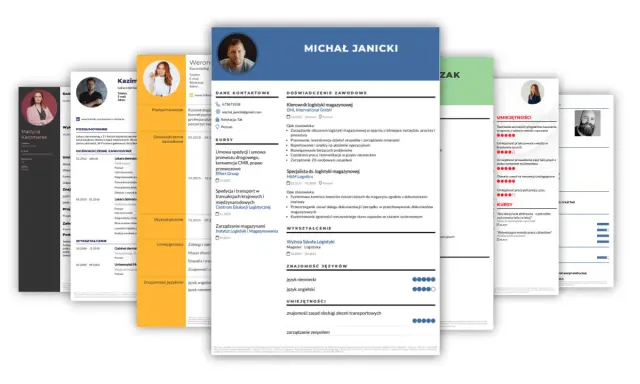 Michał Janicki, kierownik logistyki magazynowej, prezentuje swoje doświadczenie i umiejętności w CV. Szablon CV jest przejrzysty i zawiera kluczowe informacje.