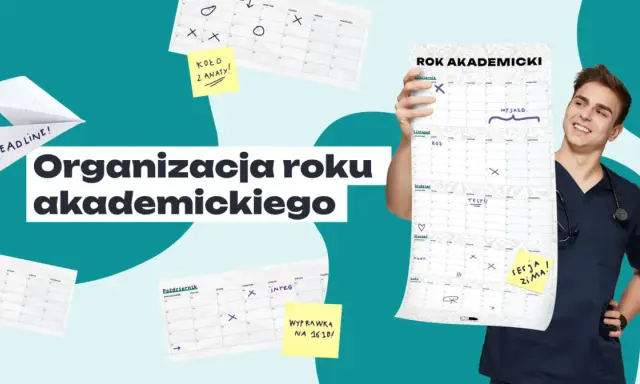Młody student z kalendarzem planuje, jak długo trwa rok akademicki. Widać terminy, egzaminy i wyjazdy.