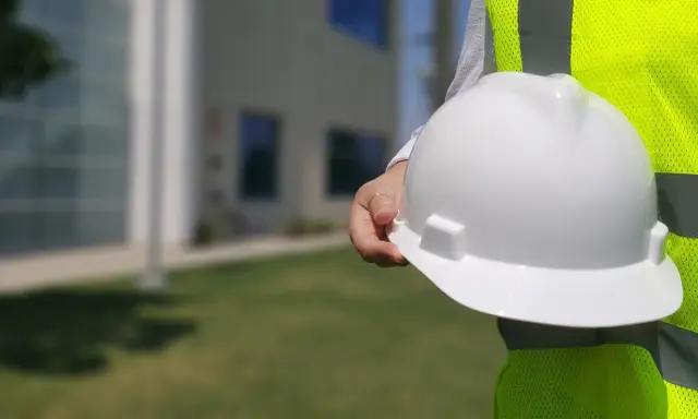 Osoba w kamizelce odblaskowej trzyma biały kask. Dobre technik bhp zarobki to klucz do bezpiecznej pracy.