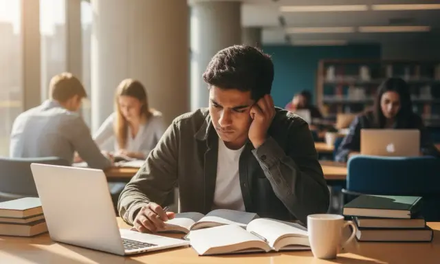 Zrezygnowany student pochyla się nad książkami, przygotowując się do nieudanego egzaminu poprawkowego na studiach.