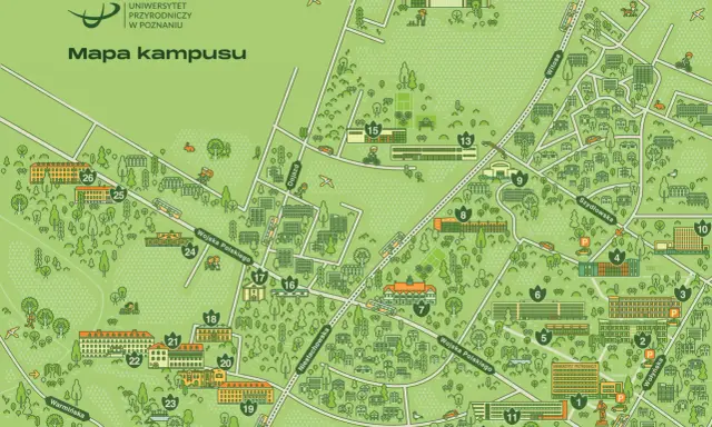 Mapa kampusu Uniwersytetu Przyrodniczego w Poznaniu z zaznaczonymi budynkami i ulicami.