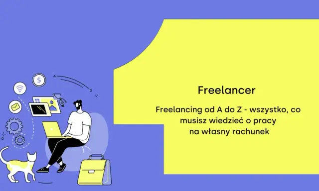 Kim jest freelancer? Ilustracja pokazuje mężczyznę pracującego na laptopie, z kotem i torbą obok. Ikony symbolizują pracę zdalną i zarobki.