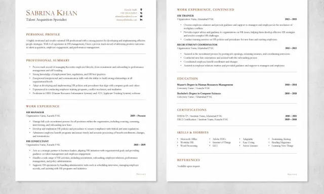 CV darmowe: CV Sabriny Khan, specjalistki ds. pozyskiwania talentów, z doświadczeniem w HR, rekrutacji i zarządzaniu pracownikami.