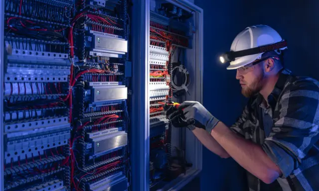 Mężczyzna w kasku z latarką pracuje przy panelu elektrycznym. To obraz z dziedziny elektrotechnika studia, gdzie przyszli inżynierowie zdobywają praktyczne umiejętności.