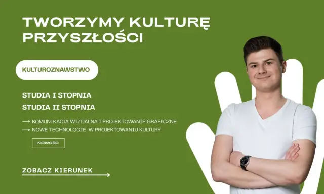 Młody mężczyzna z uśmiechem, zachęca do studiów kulturoznawczych, w tym projektowania graficznego.